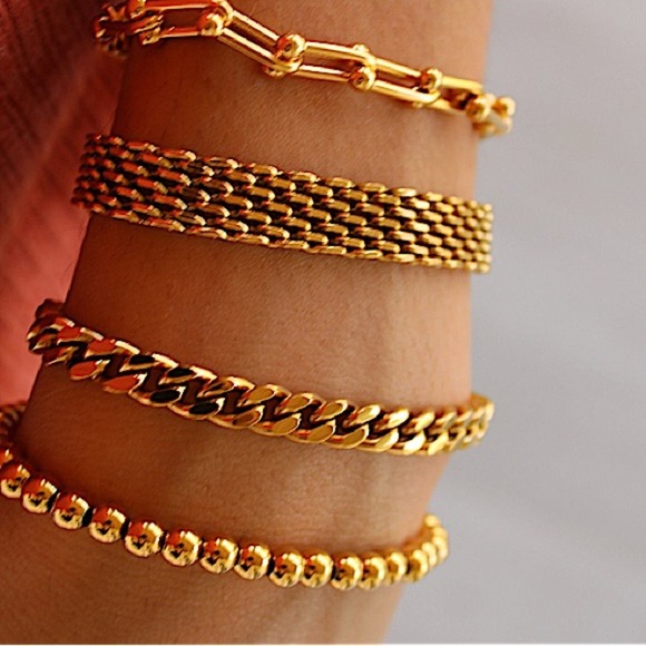 Gold Plated Bracelet Set, U Link, Mesh, Cuban, Beaded, Chain Link Bundle - Picture 3 of 5
